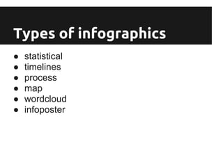 Types of infographics
●   statistical
●   timelines
●   process
●   map
●   wordcloud
●   infoposter
 
