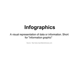 Infographics
A visual representation of data or information. Short
for "information graphic"
Source: http://www.macmillandictionary.com
 