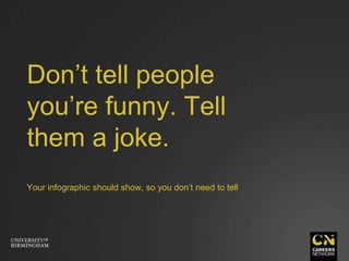 Don’t tell people
you’re funny. Tell
them a joke.
Your infographic should show, so you don’t need to tell
 