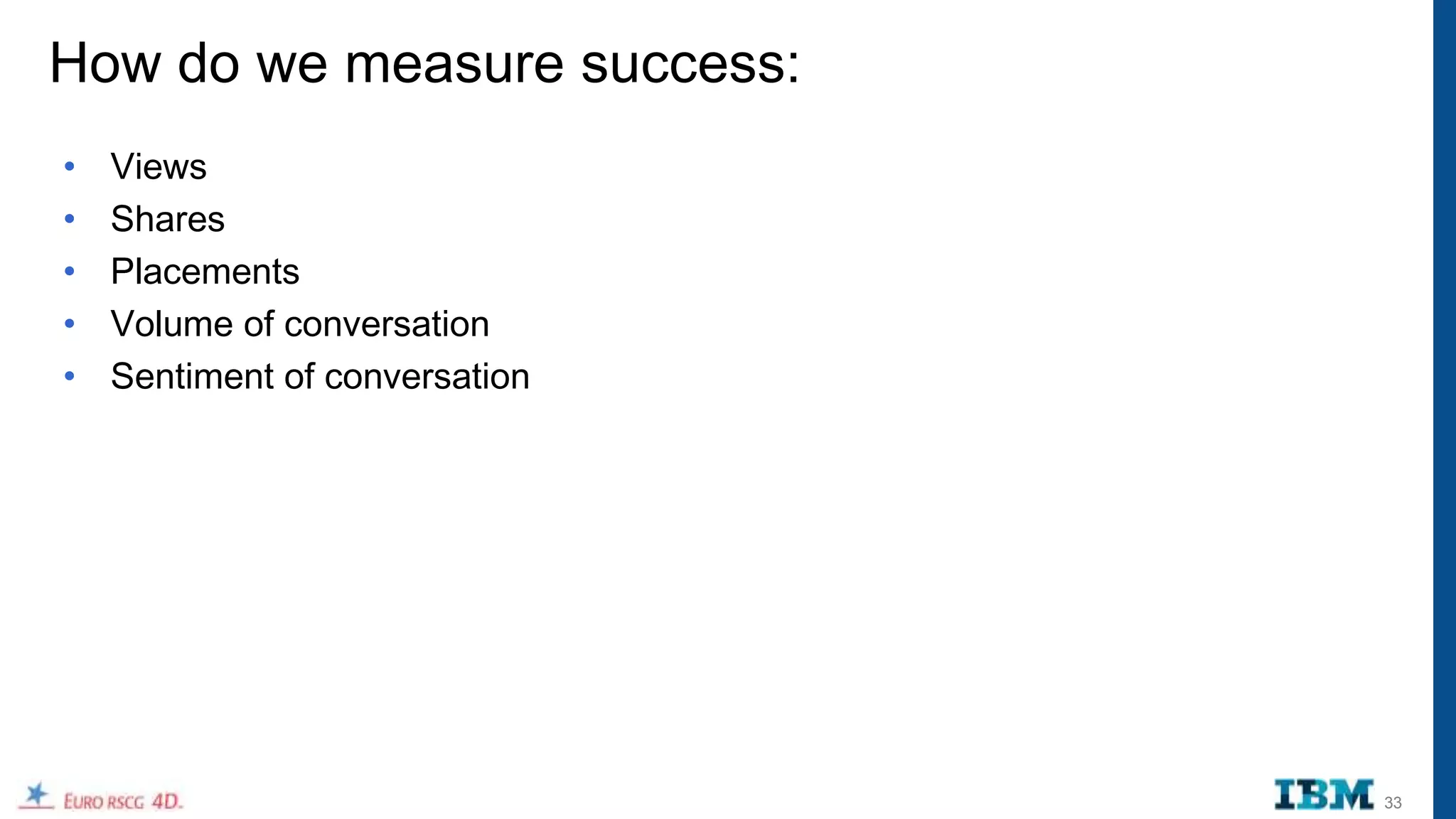 How do we measure success:
•   Views
•   Shares
•   Placements
•   Volume of conversation
•   Sentiment of conversation




                                33
 