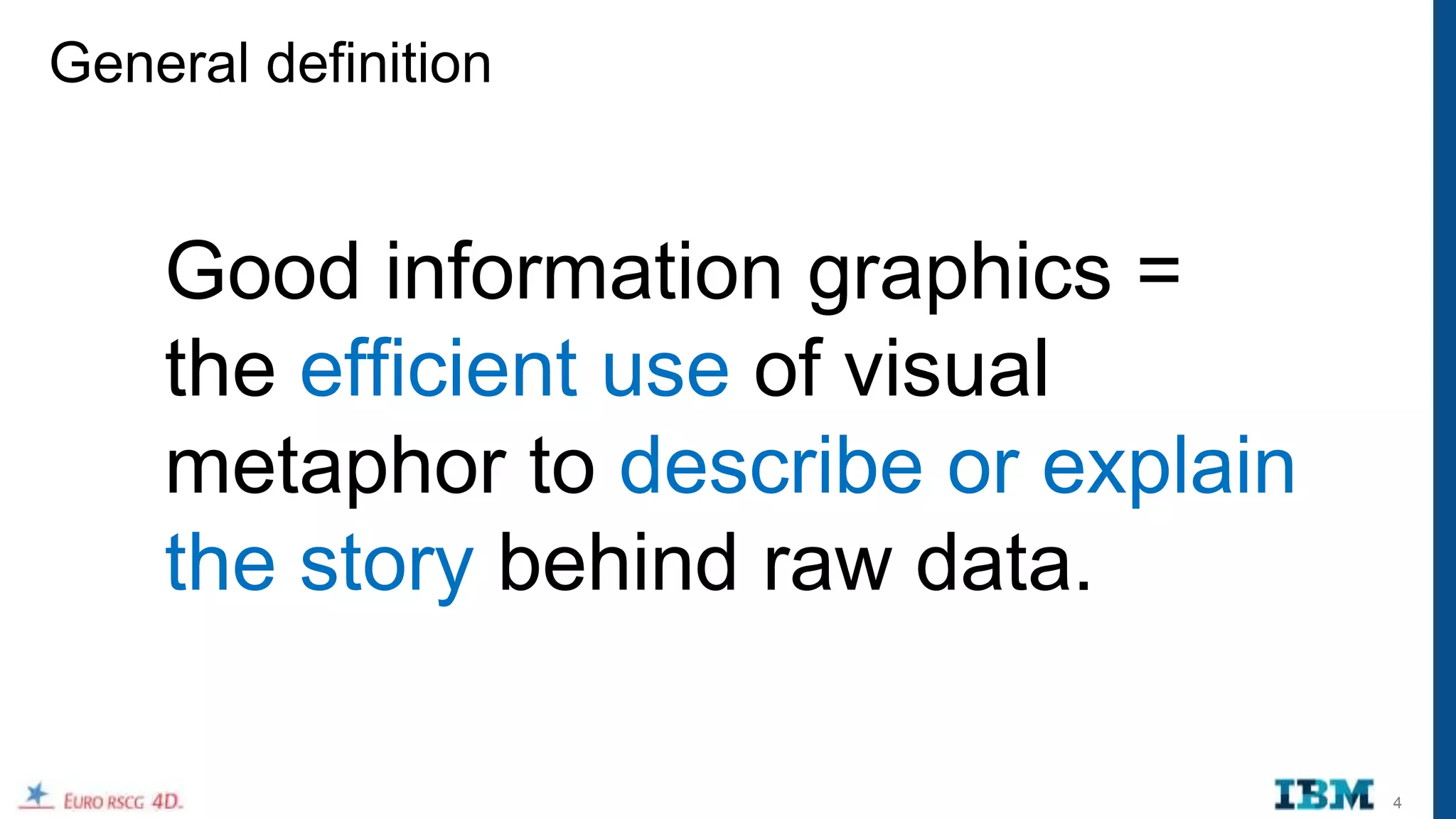 General definition


    Good information graphics =
    the efficient use of visual
    metaphor to describe or explain
    the story behind raw data.

                                      4
 