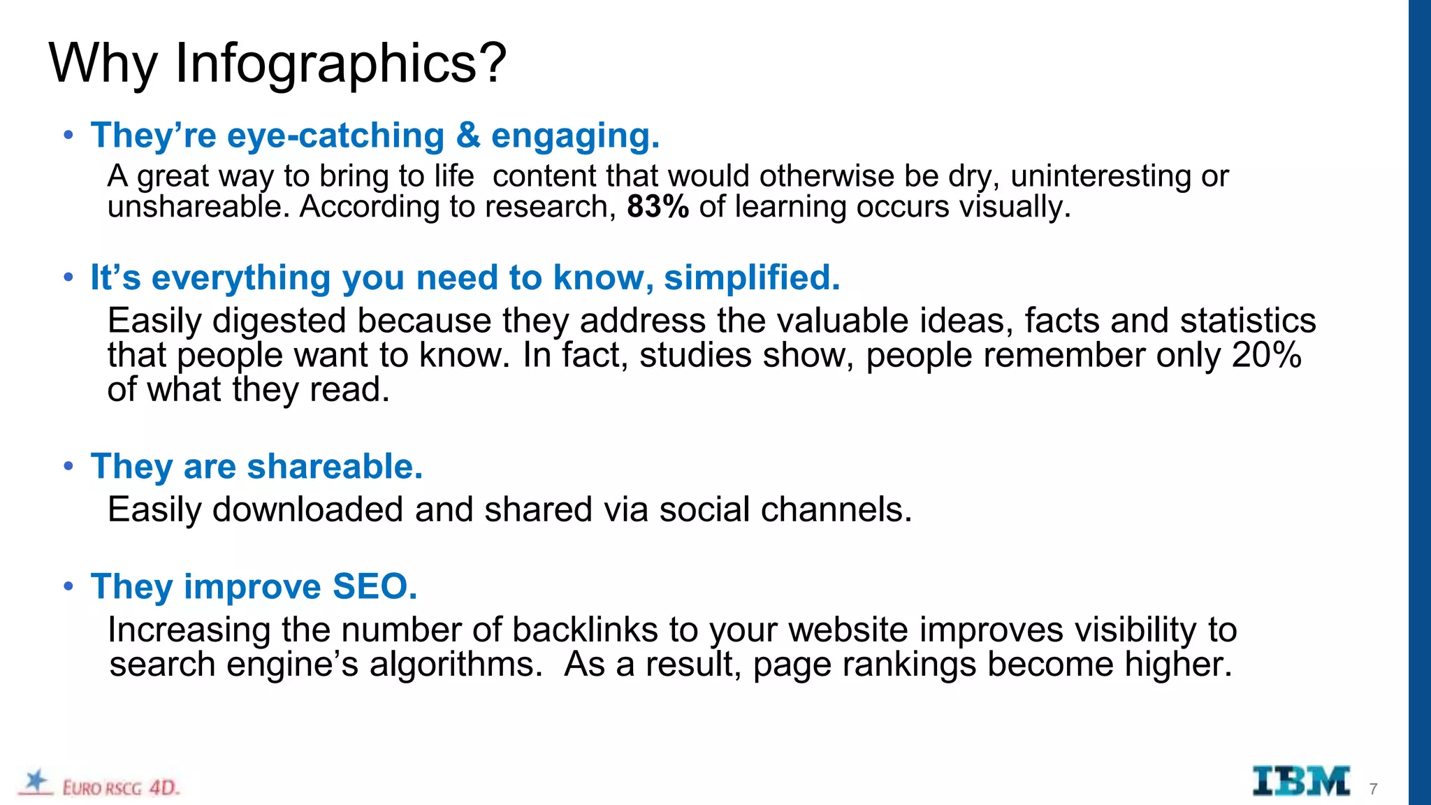 Why Infographics?
• They’re eye-catching & engaging.
  A great way to bring to life content that would otherwise be dry, uninteresting or
  unshareable. According to research, 83% of learning occurs visually.

• It’s everything you need to know, simplified.
    Easily digested because they address the valuable ideas, facts and statistics
    that people want to know. In fact, studies show, people remember only 20%
    of what they read.

• They are shareable.
   Easily downloaded and shared via social channels.

• They improve SEO.
   Increasing the number of backlinks to your website improves visibility to
   search engine‟s algorithms. As a result, page rankings become higher.


                                                                                       7
 