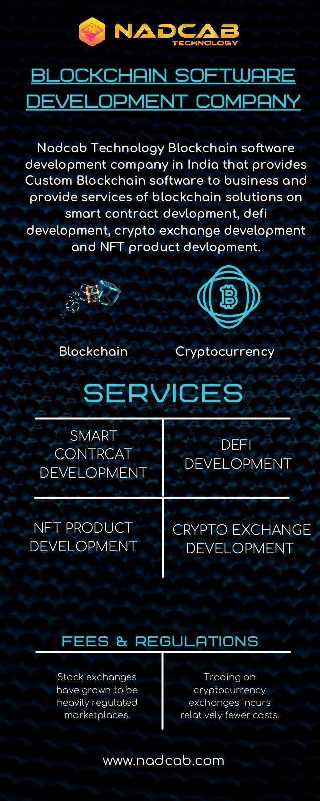 Fees & regulations
SERVICES
BLOCKCHAIN SOFTWARE
DEVELOPMENT COMPANY
Blockchain
Nadcab Technology Blockchain software
development company in India that provides
Custom Blockchain software to business and
provide services of blockchain solutions on
smart contract devlopment, defi
development, crypto exchange development
and NFT product devlopment.
SMART
CONTRCAT
DEVELOPMENT
NFT PRODUCT
DEVELOPMENT
Stock exchanges
have grown to be
heavily regulated
marketplaces.
DEFI
DEVELOPMENT
CRYPTO EXCHANGE
DEVELOPMENT
Trading on
cryptocurrency
exchanges incurs
relatively fewer costs.
Cryptocurrency
www.nadcab.com
 