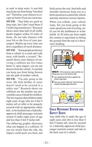 or sank in deep water. A seat belt
maykeepyoufrombeing“knocked
out.” Therefore, your chances to es-
cape are better if you are conscious.
MYTH:	 “Seat belts are good on
long trips, but I don’t need them if
I’mdrivingaroundtown.”Research
shows more than half of all traffic
deaths happen within 25 miles of
home. Do not take chances with
your life or the lives of your pas-
sengers. Buckle up every time you
drive regardless of travel distance.
MYTH:	 “Somepeoplearethrown
from a vehicle in a crash and walk
away with hardly a scratch.” Re-
search shows your chances of sur-
viving a collision are five times
better if, upon impact, you are not
thrown from the vehicle. A seat belt
can keep you from being thrown
into the path of another vehicle.
MYTH:	 “I’m only going to the
store. My little brother or sister
doesn’t need to be secured in a
safety seat.” Research shows car
collisions are the number one pre-
ventablecauseofdeathforchildren.
Thelawrequiresthatchildrenunder
eight years of age who are 4 feet 9
inches tall or taller to be properly
secured with an appropriate safety
belt , or be buckled into a federally-
approved child passenger restraint
system if under eight years of age
and less than 4 feet 9 inches tall.
The following graphic illustrates
what can happen in a collision. If
you are struck from the side, the
impact could push you back and
forth across the seat. Seat belts and
shoulder harnesses keep you in a
betterpositiontocontrolthevehicle
and may minimize serious injuries.
When you collide, your vehicle
stops, but you keep going at the
same speed you were traveling, un-
til you hit the dashboard or wind-
shield. At 30 miles per hour (mph)
this motion is equivalent to hitting
the ground from the top of a three-
story building.
Child Restraint System and
Safety Seats
Any child who is under the age of
eight years and who is less than 4
feet 9 inches tall, must be secured
in a federally-approved child pas-
senger restraint system and ride in
the back seat of a vehicle.
- 21 -
 