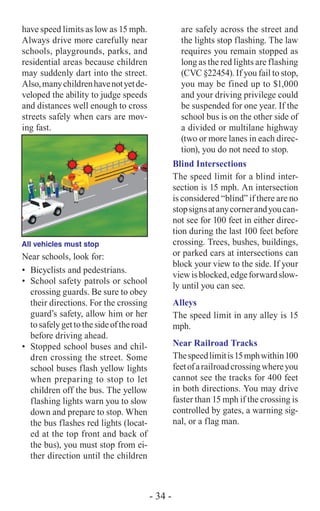 have speed limits as low as 15 mph.
Always drive more carefully near
schools, playgrounds, parks, and
residential areas because children
may suddenly dart into the street.
Also,manychildrenhavenotyetde-
veloped the ability to judge speeds
and distances well enough to cross
streets safely when cars are mov-
ing fast.
All vehicles must stop
Near schools, look for:
•	 Bicyclists and pedestrians.
•	 School safety patrols or school
crossing guards. Be sure to obey
their directions. For the crossing
guard’s safety, allow him or her
tosafelygettothesideoftheroad
before driving ahead.
•	 Stopped school buses and chil-
dren crossing the street. Some
school buses flash yellow lights
when preparing to stop to let
children off the bus. The yellow
flashing lights warn you to slow
down and prepare to stop. When
the bus flashes red lights (locat-
ed at the top front and back of
the bus), you must stop from ei-
ther direction until the children
are safely across the street and
the lights stop flashing. The law
requires you remain stopped as
long as the red lights are flashing
(CVC §22454). If you fail to stop,
you may be fined up to $1,000
and your driving privilege could
be suspended for one year. If the
school bus is on the other side of
a divided or multilane highway
(two or more lanes in each direc-
tion), you do not need to stop.
Blind Intersections
The speed limit for a blind inter-
section is 15 mph. An intersection
is considered “blind” if there are no
stopsignsatanycornerandyoucan-
not see for 100 feet in either direc-
tion during the last 100 feet before
crossing. Trees, bushes, buildings,
or parked cars at intersections can
block your view to the side. If your
viewisblocked,edgeforwardslow-
ly until you can see.
Alleys
The speed limit in any alley is 15
mph.
Near Railroad Tracks
Thespeedlimitis15mphwithin100
feetofarailroadcrossingwhereyou
cannot see the tracks for 400 feet
in both directions. You may drive
faster than 15 mph if the crossing is
controlled by gates, a warning sig-
nal, or a flag man.
- 34 -
 