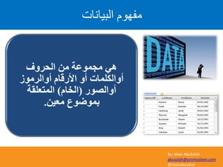 By: Mais AbuSalah
abusalah@promosteer.com
@maisabusalah
‫اىثٞاّاخ‬ ًٖ٘‫ٍف‬
‫اٌؾشٚف‬ ِٓ ‫ِغّٛػخ‬ ٟ٘
‫أٚاٌشِٛص‬ َ‫األسلب‬ ٚ‫أ‬ ‫أٚاٌىٍّبد‬
‫أٚاٌظٛس‬(َ‫اٌخب‬)‫اٌّزؼٍمخ‬
ٓ١‫ِؼ‬ ‫ثّٛػٛع‬.
 