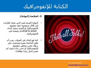 By: Mais AbuSalah
abusalah@promosteer.com
@maisabusalah
‫لإلنفوجرافيك‬ ‫الكتابة‬
3-‫الخالصة‬(‫النهاية‬:)
•‫القارى‬ ‫تغرق‬ ‫التي‬ ‫هي‬ ‫الجيدة‬ ‫النهاية‬‫ء‬
‫موضوع‬ ‫حول‬ ‫متمحورة‬ ‫أفكار‬ ‫في‬
‫الن‬ ‫بتنفيذ‬ ‫القيام‬ ‫أو‬ ‫اإلنفوجرافيك‬‫داء‬
Call to action‫في‬ ‫وضعته‬ ‫الذي‬
‫اإلنفوجرافيك‬.
•‫أن‬ ‫يجب‬ ،‫العنوان‬ ‫في‬ ‫الحال‬ ‫هو‬ ‫كما‬
‫مثل‬ ،‫ومحفزة‬ ‫معبرة‬ ‫الخاتمة‬ ‫تكون‬
‫بموضوع‬ ‫متعلق‬ ‫معين‬ ‫سؤال‬
‫أم‬ ‫لتنفيذ‬ ‫نداء‬ ‫حتى‬ ‫أو‬ ‫اإلنفوجرافيك‬‫ر‬
‫معين‬(‫موقعك‬ ‫زيارة‬ ‫مثل‬.)
 