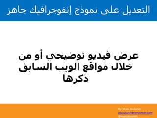 By: Mais AbuSalah
abusalah@promosteer.com
@maisabusalah
‫من‬ ‫أو‬ ‫توضيحي‬ ‫فيديو‬ ‫عرض‬
‫السابق‬ ‫الويب‬ ‫مواقع‬ ‫خالل‬
‫ذكرها‬
‫نموذج‬ ‫على‬ ‫التعديل‬‫جاهز‬ ‫إنفوجرافيك‬
 