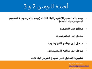 By: Mais AbuSalah
abusalah@promosteer.com
@maisabusalah
•‫الثابت‬ ‫اإلنفوجرافيك‬ ‫تصميم‬ ‫برمجيات‬(‫ل‬ ‫رسومية‬ ‫برمجيات‬‫تصميم‬
‫الثابت‬ ‫اإلنفوجرافيك‬)
•‫للتصميم‬ ‫ويب‬ ‫مواقع‬
•‫البكتوشارت‬ ‫إلى‬ ‫مدخل‬
•‫الفوتوشوب‬ ‫برنامج‬ ‫إلى‬ ‫مدخل‬
•‫اإللوستريتور‬ ‫برنامج‬ ‫إلى‬ ‫مدخل‬
•‫تطبيق‬:‫ثابت‬ ‫انفوجرافيك‬ ‫نموذج‬ ‫على‬ ‫التعديل‬
‫اليومين‬ ‫أجندة‬2‫و‬3
 