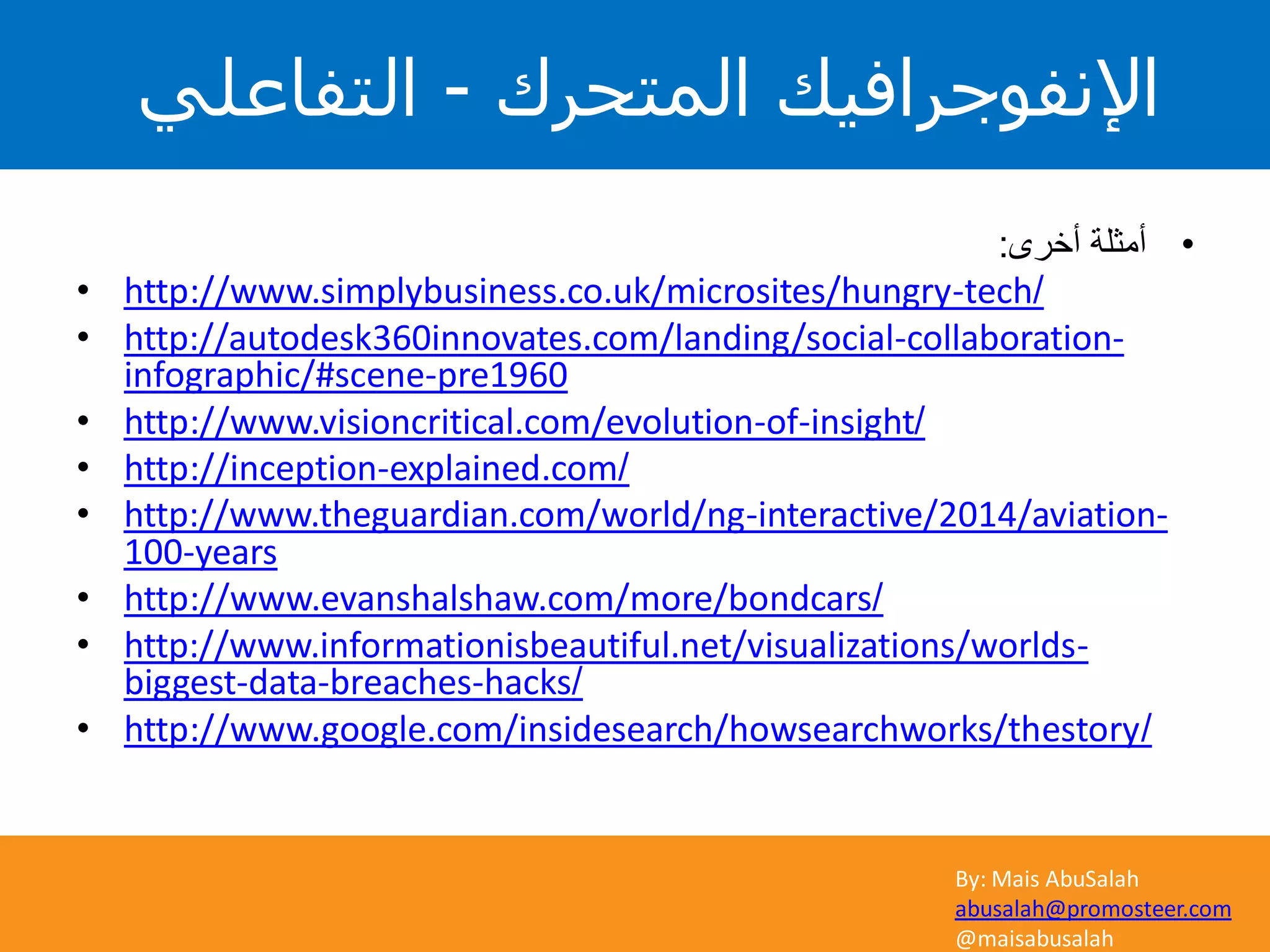 By: Mais AbuSalah
abusalah@promosteer.com
@maisabusalah
•‫أخرى‬ ‫أمثلة‬:
• http://www.simplybusiness.co.uk/microsites/hungry-tech/
• http://autodesk360innovates.com/landing/social-collaboration-
infographic/#scene-pre1960
• http://www.visioncritical.com/evolution-of-insight/
• http://inception-explained.com/
• http://www.theguardian.com/world/ng-interactive/2014/aviation-
100-years
• http://www.evanshalshaw.com/more/bondcars/
• http://www.informationisbeautiful.net/visualizations/worlds-
biggest-data-breaches-hacks/
• http://www.google.com/insidesearch/howsearchworks/thestory/
‫المتحرك‬ ‫اإلنفوجرافيك‬-‫التفاعلي‬
 