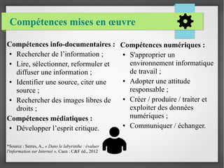 Compétences mises en œuvre
Compétences info-documentaires :
● Rechercher de l’information ;
● Lire, sélectionner, reformuler et
diffuser une information ;
● Identifier une source, citer une
source ;
● Rechercher des images libres de
droits ;
Compétences médiatiques :
● Développer l’esprit critique.
*Source : Serres, A., « Dans le labyrinthe : évaluer
l'information sur Internet », Caen : C&F éd., 2012
Compétences numériques :
● S'approprier un
environnement informatique
de travail ;
● Adopter une attitude
responsable ;
● Créer / produire / traiter et
exploiter des données
numériques ;
● Communiquer / échanger.
 