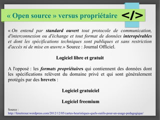 « Open source » versus propriétaire
« On entend par standard ouvert tout protocole de communication,
d'interconnexion ou d'échange et tout format de données interopérables
et dont les spécifications techniques sont publiques et sans restriction
d'accès ni de mise en œuvre.» Source : Journal Officiel. 
Logiciel libre et gratuitLogiciel libre et gratuit
A l'opposé : les formats propriétaires qui contiennent des données dont
les spécifications relèvent du domaine privé et qui sont généralement
protégés par des brevets :
Logiciel gratuicielLogiciel gratuiciel
Logiciel freemiumLogiciel freemium
Source :
http://fenetresur.wordpress.com/2012/12/05/cartes-heuristiques-quels-outils-pour-un-usage-pedagogique/
 
