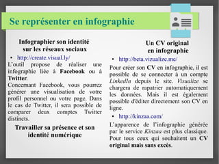 Se représenter en infographie
Infographier son identité
sur les réseaux sociaux
● http://create.visual.ly/
L’outil propose de réaliser une
infographie liée à Facebook ou à
Twitter.
Concernant Facebook, vous pourrez
générer une visualisation de votre
profil personnel ou votre page. Dans
le cas de Twitter, il sera possible de
comparer deux comptes Twitter
distincts.
Travailler sa présence et son
identité numérique
Un CV original
en infographie
● http://beta.vizualize.me/
Pour créer son CV en infographie, il est
possible de se connecter à un compte
LinkedIn depuis le site. Visualize se
chargera de rapatrier automatiquement
les données. Mais il est également
possible d'éditer directement son CV en
ligne.
● http://kinzaa.com/
L’apparence de l’infographie générée
par le service Kinzaa est plus classique.
Pour tous ceux qui souhaitent un CV
original mais sans excès.
 