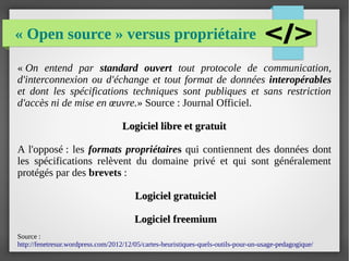 « Open source » versus propriétaire
« On entend par standard ouvert tout protocole de communication,
d'interconnexion ou d'échange et tout format de données interopérables
et dont les spécifications techniques sont publiques et sans restriction
d'accès ni de mise en œuvre.» Source : Journal Officiel. 
Logiciel libre et gratuitLogiciel libre et gratuit
A l'opposé : les formats propriétaires qui contiennent des données dont
les spécifications relèvent du domaine privé et qui sont généralement
protégés par des brevets :
Logiciel gratuicielLogiciel gratuiciel
Logiciel freemiumLogiciel freemium
Source :
http://fenetresur.wordpress.com/2012/12/05/cartes-heuristiques-quels-outils-pour-un-usage-pedagogique/
 
