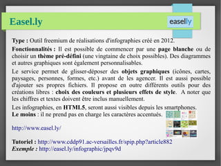 Easel.ly
Type : Outil freemium de réalisations d'infographies créé en 2012.
Fonctionnalités : Il est possible de commencer par une page blanche ou de
choisir un thème pré-défini (une vingtaine de choix possibles). Des diagrammes
et autres graphiques sont également personnalisables.
Le service permet de glisser-déposer des objets graphiques (icônes, cartes,
paysages, personnes, formes, etc.) avant de les agencer. Il est aussi possible
d'ajouter ses propres fichiers. Il propose en outre différents outils pour des
créations libres : choix des couleurs et plusieurs effets de style. A noter que
les chiffres et textes doivent être inclus manuellement.
Les infographies, en HTML5, seront aussi visibles depuis les smartphones.
Le moins : il ne prend pas en charge les caractères accentués.
http://www.easel.ly/
Tutoriel : http://www.cddp91.ac-versailles.fr/spip.php?article882
Exemple : http://easel.ly/infographic/jpqv9d
 