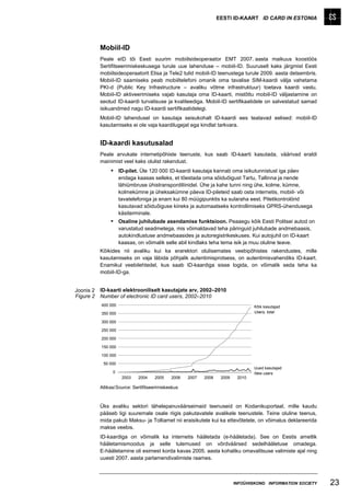 EESTI ID-KAART ID CARD IN ESTONIA




           Mobiil-ID
           Peale eID tõi Eesti suurim mobiilsideoperaator EMT 2007. aasta maikuus koostöös
           Sertifitseerimiskeskusega turule uue lahenduse – mobiil-ID. Suuruselt kaks järgmist Eesti
           mobiilsideoperaatorit Elisa ja Tele2 tulid mobiil-ID teenustega turule 2009. aasta detsembris.
           Mobiil-ID saamiseks peab mobiiltelefoni omanik oma tavalise SIM-kaardi välja vahetama
           PKI-d (Public Key Infrastructure – avaliku võtme infrastruktuur) toetava kaardi vastu.
           Mobiil-ID aktiveerimiseks vajab kasutaja oma ID-kaarti, mistõttu mobiil-ID väljastamine on
           seotud ID-kaardi turvalisuse ja kvaliteediga. Mobiil-ID sertifikaatidele on salvestatud samad
           isikuandmed nagu ID-kaardi sertifikaatidelegi.
           Mobiil-ID lahendusel on kasutaja seisukohalt ID-kaardi ees teatavad eelised: mobiil-ID
           kasutamiseks ei ole vaja kaardilugejat ega kindlat tarkvara.


           ID-kaardi kasutusalad
           Peale arvukate internetipõhiste teenuste, kus saab ID-kaarti kasutada, väärivad eraldi
           mainimist veel kaks olulist rakendust.
                 ID-pilet. Üle 120 000 ID-kaardi kasutaja kannab oma isikutunnistust iga päev
                     endaga kaasas selleks, et tõestada oma sõiduõigust Tartu, Tallinna ja nende
                     lähiümbruse ühistranspordiliinidel. Ühe ja kahe tunni ning ühe, kolme, kümne,
                     kolmekümne ja üheksakümne päeva ID-pileteid saab osta internetis, mobiil- või
                     tavatelefoniga ja enam kui 80 müügipunktis ka sularaha eest. Piletikontrolörid
                     kasutavad sõiduõiguse kiireks ja automaatseks kontrollimiseks GPRS-ühendusega
                     käsiterminale.
                 Osaline juhilubade asendamise funktsioon. Peaaegu kõik Eesti Politsei autod on
                     varustatud seadmetega, mis võimaldavad teha päringuid juhilubade andmebaasis,
                     autokindlustuse andmebaasides ja autoregistrikeskuses. Kui autojuhil on ID-kaart
                     kaasas, on võimalik selle abil kindlaks teha tema isik ja muu oluline teave.
           Kõikides nii avaliku kui ka erarektori olulisemates veebipõhistes rakendustes, mille
           kasutamiseks on vaja läbida põhjalik autentimisprotsess, on autentimisvahendiks ID-kaart.
           Enamikul veebilehtedel, kus saab ID-kaardiga sisse logida, on võimalik seda teha ka
           mobiil-ID-ga.


Joonis 2   ID-kaarti elektrooniliselt kasutajate arv, 2002–2010
Figure 2   Number of electronic ID card users, 2002–2010
           400 000                                                                Kõik kasutajad
           350 000                                                                Users, total

           300 000

           250 000

           200 000

           150 000

           100 000

            50 000
                                                                                  Uued kasutajad
                 0                                                                New users
                      2003   2004    2005    2006   2007   2008    2009    2010

           Allikas/Source: Sertifitseerimiskeskus



           Üks avaliku sektori tähelepanuväärseimaid teenuseid on Kodanikuportaal, mille kaudu
           pääseb ligi suuremale osale riigis pakutavatele avalikele teenustele. Teine oluline teenus,
           mida pakub Maksu- ja Tolliamet nii eraisikutele kui ka ettevõtetele, on võimalus deklareerida
           makse veebis.
           ID-kaardiga on võimalik ka internetis hääletada (e-hääletada). See on Eestis ametlik
           hääletamismoodus ja selle tulemused on võrdväärsed sedelhääletuse omadega.
           E-hääletamine oli esimest korda kavas 2005. aasta kohaliku omavalitsuse valimiste ajal ning
           uuesti 2007. aasta parlamendivalimiste raames.



                                                                          INFOÜHISKOND INFORMATION SOCIETY   23
 