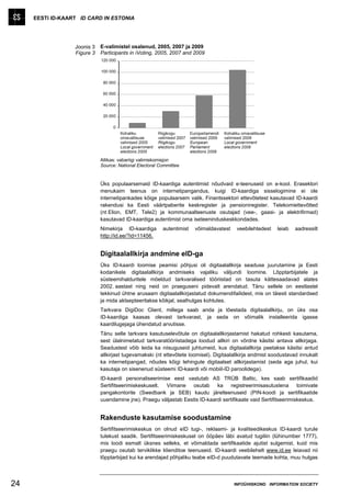 EESTI ID-KAART ID CARD IN ESTONIA




                  Joonis 3   E-valimistel osalenud, 2005, 2007 ja 2009
                  Figure 3   Participants in iVoting, 2005, 2007 and 2009
                             120 000

                             100 000

                              80 000

                              60 000

                              40 000

                              20 000

                                  0
                                       Kohaliku           Riigikogu        Europarlamendi   Kohaliku omavalitsuse
                                       omavalitsuse       valimised 2007   valimised 2009   valimised 2009
                                       valimised 2005     Riigikogu        European         Local government
                                       Local government   elections 2007   Parliament       elections 2009
                                       elections 2005                      elections 2009

                             Allikas: vabariigi valimiskomisjon
                             Source: National Electoral Committee


                             Üks populaarsemaid ID-kaardiga autentimist nõudvaid e-teenuseid on e-kool. Erasektori
                             menukaim teenus on internetipangandus, kuigi ID-kaardiga sisselogimine ei ole
                             internetipankades kõige populaarsem valik. Finantssektori ettevõtetest kasutavad ID-kaardi
                             rakendusi ka Eesti väärtpaberite keskregister ja pensioniregister. Telekomiettevõtted
                             (nt Elion, EMT, Tele2) ja kommunaalteenuste osutajad (vee-, gaasi- ja elektrifirmad)
                             kasutavad ID-kaardiga autentimist oma iseteeninduskeskkondades.
                             Nimekirja ID-kaardiga          autentimist      võimaldavatest       veebilehtedest    leiab   aadressilt
                             http://id.ee/?id=11456.


                             Digitaalallkirja andmine eID-ga
                             Üks ID-kaardi loomise peamisi põhjusi oli digitaalallkirja seaduse juurutamine ja Eesti
                             kodanikele digitaalallkirja andmiseks vajaliku väljundi loomine. Lõpptarbijatele ja
                             süsteemihalduritele mõeldud tarkvaralised tööriistad on tasuta kättesaadavad alates
                             2002. aastast ning neid on praeguseni pidevalt arendatud. Tänu sellele on eestlastel
                             tekkinud ühtne arusaam digitaalallkirjastatud dokumendifailidest, mis on täiesti standardsed
                             ja mida aktsepteeritakse kõikjal, sealhulgas kohtutes.
                             Tarkvara DigiDoc Client, millega saab anda ja tõestada digitaalallkirju, on üks osa
                             ID-kaardiga kaasas olevast tarkvarast, ja seda on võimalik installeerida igasse
                             kaardilugejaga ühendatud arvutisse.
                             Tänu selle tarkvara kasutuselevõtule on digitaalallkirjastamist hakatud rohkesti kasutama,
                             sest ülalnimetatud tarkvaratööriistadega loodud allkiri on võrdne käsitsi antava allkirjaga.
                             Seadustest võib leida ka niisuguseid juhtumeid, kus digitaalallkirja peetakse käsitsi antud
                             allkirjast tugevamakski (nt ettevõtete loomisel). Digitaalallkirja andmist soodustavad innukalt
                             ka internetipangad, nõudes kõigi tehingute digitaalset allkirjastamist (seda aga juhul, kui
                             kasutaja on sisenenud süsteemi ID-kaardi või mobiil-ID paroolidega).
                             ID-kaardi personaliseerimise eest vastutab AS TRÜB Baltic, kes saab sertifikaadid
                             Sertifitseerimiskeskuselt. Viimane osutab ka registreerimisasutustena toimivate
                             pangakontorite (Swedbank ja SEB) kaudu järelteenuseid (PIN-koodi ja sertifikaatide
                             uuendamine jne). Praegu väljastab Eestis ID-kaardi sertifikaate vaid Sertifitseerimiskeskus.


                             Rakenduste kasutamise soodustamine
                             Sertifitseerimiskeskus on olnud eID tugi-, reklaami- ja kvaliteedikeskus ID-kaardi turule
                             tulekust saadik. Sertifitseerimiskeskusel on ööpäev läbi avatud tugiliin (lühinumber 1777),
                             mis loodi esmalt üksnes selleks, et võimaldada sertifikaatide ajutist sulgemist, kuid mis
                             praegu osutab terviklikke klienditoe teenuseid. ID-kaardi veebilehelt www.id.ee leiavad nii
                             lõpptarbijad kui ka arendajad põhjaliku teabe eID-d puudutavate teemade kohta, muu hulgas




24                                                                                               INFOÜHISKOND INFORMATION SOCIETY
 