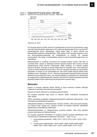 IKT EESTI VÄLISKAUBANDUSES ICT IN FOREIGN TRADE OF ESTONIA




Joonis 11   Põhjamaade IKT kaupade eksport, 1998–2008
Figure 11   Exports of ICT goods by Nordic Countries, 1998–2008
                 Miljardit USD
                 Billion USD
            18
                                    Rootsi
            16
                                    Sweden                                 Soome
            14                                                             Finland
            12
            10
             8                                      Taani
                                                    Denmark
             6
             4                                                             Norra
             2                                                             Norway
                                                                           Eesti
             0
                                                                           Estonia
                  1998 1999 2000 2001 2002 2003 2004 2005 2006 2007 2008


            Allikas/Source: OECD


            IKT kaupade eksport oli 2009. aastal 5% koguekspordist ja import 6% koguimpordist, seega
            olid need märkimisväärselt väiksemad kui EL-i astumise algusaastatel. Et suur osa Eesti IKT
            kaubavahetusest toimus allhangetega, näitab langus seda, et Eestis vähenes just
            allhanketööde osatähtsus kaubavahetuses. 2009. aastal oli IKT kaupade ekspordis suurim
            osa kommunikatsioonivahenditel (sh mobiiltelefonid) ja impordis IKT kaupade
            komponentidel. See näitab, et eksporditakse märksa suurema lisandväärtusega kaupu, kui
            imporditakse.
            Märkimisväärselt on maailmas suurenenud IKT kaupade eksport Hiinast, mille tõttu on
            suurriikide USA, Jaapani ja Saksamaa samade kaupade ekspordi käive püsinud viimasel
            aastakümnendil samal tasemel. Põhjamaade riikide võrdluses on viimastel aastatel
            kasvanud Rootsist, Soomest ja Norrast eksporditud IKT kaupade käive, kuid kahanenud
            Taanist ja Eestist eksporditud kauba käive. Kuna IKT kaupade tootmiseks ja arendamiseks
            kaasatakse nii teadus- kui ka arendustegevust, võib nende toodete eksporti pidada üheks
            tootlikkuse kasvu tõukejõuks. Kui EL-i astumise algusaastatel eksporditi Eestist peamiselt
            allhanke korras toodetud IKT kaupu, siis viimastel aastatel on eksporditud just valmistooteid
            (sh tugijaamad ja mobiilsideseadmed). Seetõttu võib Eesti IKT kaupade ekspordist kujuneda
            järgmistel aastatel oluline majanduse konkurentsivõimet suurendav tegur.


            Metoodika
            Eksport on kaupade väljavedu Eestist välisriiki ja import sissevedu Eestisse välisriigist
            (mõlemad on arvestatud ilma teenuste ja transiidita).
            Ekspordi ja impordi väärtused on arvestatud jooksevhindades.
            IKT kaupade jaotamisel nelja rühma on lähtutud OECD metoodikast (korrigeeritud
            2008. aastal).
            OECD metoodikas kasutatakse väliskaubandusandmete avaldamisel üldkaubandus-, Eesti
            metoodikas aga põhikaubandussüsteemi.
            Üldkaubandussüsteem on väliskaubanduse arvestuse süsteem, mille puhul peale kaupade,
            mis ületavad vaba ringluse piiri, võetakse arvesse ka kaupade sissevedu välisriikidest
            tolliladudesse ja taasväljavedu tolliladudest.
            Põhikaubandussüsteem on väliskaubanduse arvestuse süsteem, mille puhul võetakse
            arvesse vabaringluse piiri ületavad kaubad.
            IKT kaupade jaotamisel rühmadesse on kasutatud järgmisi kaupade klassifikaatori CPC
            (Central Product Classification) kaubakoode (Information … 2009: 13–14):
                  1. kommunikatsioonivahendid – 46921, 47211, 47212, 47213, 47221, 47222, 47223,
                        47401;
                  2. arvutid ja arvuti välisseadmed – 45142, 45221, 45222, 45230, 45240, 45250,
                        45266, 45261, 45265, 45269, 45271, 45272, 45289, 45290, 47315, 47550;




                                                                     INFOÜHISKOND INFORMATION SOCIETY       87
 
