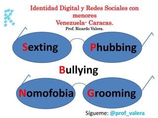 Identidad Digital y Redes Sociales con 
Venezuela- Caracas. 
Sexting 
menores 
Prof. Ricardo Valera. 
Phubbing 
Bullying 
Grooming 
Nomofobia 
Sígueme: @prof_valera 
@@ 
@ @ 
@ 
@ 
@ 
@ 
@ 
@ 
@ 
@ 
 