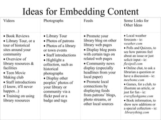 Ideas for Embedding Content Videos Photographs Feeds Some Links for Other Ideas    Book Reviews    Library Tour, or a tour of historical sites around your community    Overview of library resources & facilities    Teen Movie Making club    Staff introductions (I know, it'll never happen...)    Training on using library resources    Library Tour    Photos of patrons    Photos of a library or town events    Staff introductions    Highlight a collection, such as historical photographs    Display other peoples’ photos of your library or community via a flickr pool or a badge and tags    Promote your library blog on other library web pages    Display blog posts with certain tags on related web pages    Community news display (especially headlines from your local paper)    Promote local  connections by displaying feeds from patrons’ blogs, photo streams, or other local sources    Local weather forecasts - ie:  weather.com    Polls and Quizzes, to see how patrons feel about an issue or just solicit input - ie:  flexipoll.com    Online chat, to ask a librarian a question or have a discussion - ie:  meebome.com    Games, for a club, to illustrate an article, or just for fun - ie:  everyflashgame.com    Book information, to show new additions or a special collection - ie:  librarything.com 