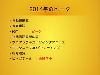 2014年のピーク
● 自動運転車
● 音声翻訳
● IOT　　　← ピーク
● 自然言語質問応答
● ウェアラブルユーザインタフェース
●
コンシューマ3Dプリンティング
● 暗号通貨
● ビッグデータ　← 急降下中
 