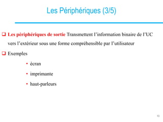 Les Périphériques (3/5)
 Les périphériques de sortie Transmettent l’information binaire de l’UC
vers l’extérieur sous une forme compréhensible par l’utilisateur
 Exemples
• écran
• imprimante
• haut-parleurs
13
 