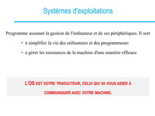 Systèmes d'exploitations
Programme assurant la gestion de l'ordinateur et de ses périphériques. Il sert
• à simplifier la vie des utilisateurs et des programmeurs
• à gérer les ressources de la machine d'une manière efficace
L’OS EST VOTRE TRADUCTEUR, CELUI QUI VA VOUS AIDER À
COMMUNIQUER AVEC VOTRE MACHINE.
 