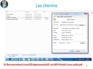 Les chemins
D:DocumentationLinuxCD-ApprenantsAUF-Juin2011Install Linux-usthb.pdf 36
 