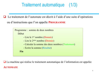  Le traitement de l’automate est décrit à l’aide d’une suite d’opérations
ou d’instructions que l’on appelle PROGRAMME
Traitement automatique (1/3)
Programme : somme de deux nombres
Début
- Lire le 1er nombre (Donnée)
- Lire le 2eme nombre (Donnée)
- Calculer la somme des deux nombres (Traitement)
- Ecrire la somme (Résultat)
Fin
4
 La machine qui réalise le traitement automatique de l’information est appelée
AUTOMATE
 