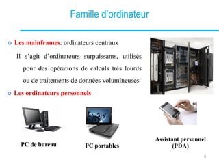 Famille d’ordinateur
 Les mainframes: ordinateurs centraux
Il s’agit d’ordinateurs surpuissants, utilisés
pour des opérations de calculs très lourds
ou de traitements de données volumineuses
 Les ordinateurs personnels
PC de bureau PC portables
Assistant personnel
(PDA)
8
 