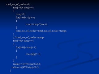 total_no_of_nodes=0;   for(j=0;j<size;j++)   { temp=1; for(i=0;i<=j;i++) { temp=temp*(size-i); } total_no_of_nodes=total_no_of_nodes+temp;   }   //total_no_of_nodes=temp;   for(i=0;i<size;i++)   { for(j=0;j<size;j++) { chess[i][j]=-1; }   }   radiusy=((479/size))/2-3;   radiusx=((479/size))/2-3; } 