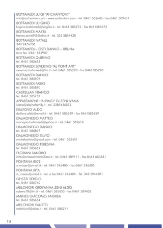 BOTTAMEDI LUIGI “AI CHANTONI”
     info@aichantoni.com - www.aichantoni.com - tel. 0461 585606 - fax 0461 589431
     BOTTAMEDI LUIGINO
     luigino.bottamedi@virgilio.it - tel. 0461 585272 - fax 0461585272
     BOTTAMEDI MARTA
     franco.zeni69j3@alice.it - tel. 335 5854438
     BOTTAMEDI NATALE
     348 2476708
     BOTTAMEDI – OSTI DANILO – BRUNA
     tel.e fax 0461 585907
     BOTTAMEDI QUIRINO
     tel. 0461 585662
     BOTTAMEDI SEVERINO “AL PONT APP.”
     severino.bottamedi@tin.it - tel. 0461 585220 - fax 0461585220
     BOTTAMEDI DANILO
     tel. 0461 585907
     BOTTAMEDI FABIO
     tel. 0461 585810
     CASTELLAN FRANCO
     tel. 0461 585755
     APPARTAMENTI “ALPINO” DI ZENI IVANA
     ivana@alpinofamily.it - tel. 3389436572
     DALFOVO ALDO
     dalfovo.aldo@email.it - tel. 0461 585859 - fax 0461585859
     DALMONEGO MATTEO
     mariapia.bottamedi@yahoo.it - tel. 0461 585614
     DALMONEGO DANILO
     tel. 0461 585897
     DALMONEGO SILVIO
     michelasilvio@gmail.com - tel. 0461 585451
     DALMONEGO TERESINA
     tel. 0461 585662
     FLORIANI SANDRO
     info@erresseimmobiliare.it - tel. 0461 589111 - fax 0461 653651
     FONTANA BICE
     st.moser@simail.it - tel. 0461 246405 - fax 0461 246405
     FONTANA RITA
     st_moser@simail.it - tel. e fax 0461 246405 - Tel. 349 5944601
     GHEZZI SERGIO
     tel. 0461 585740
     MELCHIORI GIOVANNA ZENI ALDO
     rubens78@tin.it - tel. 0461 585653 - fax 0461 589452
     MAINES GIACOMO ANDREA
     tel. 0461 585654
     MELCHIORI FAUSTO
     melchiorif@alice.it - tel. 0461 585211



10
 