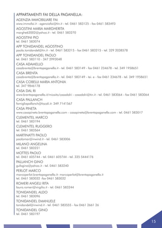 APPARTAMENTI FAI DELLA PAGANELLA:
AGENZIA IMMOBILIARE FAI
www.immofai.it - agenziafai@tin.it - tel. 0461 583125 - fax 0461 583493
AGOSTINI MARIA MARGHERITA
marghe62002@yahoo.it - tel. 0461 583270
AGOSTINI PIO
tel. 0461 583074
APP TONIDANDEL AGOSTINO
paola.tonidandel@tin.it - tel. 0461 583215 - fax 0461 583215 - tel. 329 2038578
APP TONIDANDEL PAOLO
tel. 0461 583110 - 347 2993048
CASA ADAMELLO
casabrenta@brentapaganella.it - tel. 0461 583149 - fax 0461 234678 - tel. 349 1958651
CASA BRENTA
casabrenta@brentapaganella.it - tel. 0461 583149 - tei. e - fax 0461 234678 - tel. 349 1958651
CASA COBELLI MARIA ANTONIA
tel. 347 9846178
CASA DAL RI
www.brentapaganella.it/miosito/casadalri - casadalri@tin.it - tel. 0461 583064 - fax 0461 583064
CASA PALLANCH
famigliapallanch@tiscali.it- 349 7141567
CASA PINETA
www.casapineta.brentapaganella.com - casapineta@brentapaganella.com - tel. 0461 583017
CLEMENTEL MARCO
tel. 0461 583194
CLEMENTEL RUGGERO
tel. 0461 583564
MARTINATTI PAOLO
paolomar@inwind.it - tel. 0461 583006
MILANO ANGELINA
tel. 0461 583221
MOTTES PAOLO
tel. 0461 605744 - tel. 0461 605744 - tel. 335 5444176
PALLANCH GINO
gufogino@yahoo.it - tel. 0461 583240
PERLOT MARCO
marcoperlot.brentapaganella.it- marcoperlot@brentapaganella.it
tel. 0461 583032 -fax 0461 583032
ROMERI ANGELI RITA
laura.romeri@virgilio.it - tel. 0461 583244
TONIDANDEL ALDO
tel. 0461 583096
TONIDANDEL EMANUELE
tonidandel@inwind.it - tel. 0461 583555 - fax 0461 2661 26
TONIDANDEL GINO
tel. 0461 583197

                                                                                                   15
 