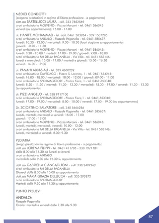 MEDICI CONDOTTI
(erogano prestazioni in regime di libera professione - a pagamento)
dott.ssa BARTELUCCI LAURA - cell. 333 7852569
orari ambulatorio MOLVENO - Piazza Marconi - tel. 0461 586045
venerdì (su appuntamento): 15.00 - 17.00

dr. HANIFE MOHAMMAD - tel. abit. 0461 583284 - 339 1507285
orari ambulatorio ANDALO - Piazzale Paganella - tel. 0461 585637
lunedì: 10.30 - 12.00 / mercoledì: 9.30 - 10.30 (fuori stagione su appuntamento)
giovedì: 10.30 - 11.30
orari ambulatorio MOLVENO - Piazza Marconi - tel. 0461 586045:
lunedì: 8.30 - 10.00 / martedì: 17.00 - 19.00 / giovedì: 9.00 - 10.00
orari ambulatorio FAI DELLA PAGANELLA - Via Villa - tel. 0461 583146:
lunedì e mercoledì: 15.00 - 17.00 / martedì e giovedì: 15.00 - 16.30
venerdì: 16.00 - 19.00

dr. PANAHI ABBAS ALI - tel. 339 4680239
orari ambulatorio CAVEDAGO - Piazza S. Lorenzo, 1 - tel. 0461 654241:
lunedì: 16.00 - 18.00 / mercoledì: 10.00 - 12.00 / giovedì: 09.00 - 11.00
orari ambulatorio SPORMAGGIORE - Piazza Fiera, 1 - tel. 0461 653340:
lunedì: 8.30 - 11.30 / martedì: 11.30 - 12.30 / mercoledì: 15.30 - 19.00 / venerdì: 11.30 - 12.30
(su appuntamento)

dr. PIZZI ANGELO - tel. 338 9117100
orari ambulatorio SPORMAGGIORE - Piazza Fiera,1 - tel. 0461 653340:
lunedì: 17.00 - 19.00 / mercoledì: 8.00 - 10.00 / venerdì: 17.00 - 19.00 (su appuntamento)

Dr. SCIORTINO SALVATORE - cell. 340 5666286
orari ambulatorio ANDALO - Piazzale Paganella - tel. 0461 585637:
lunedì, martedì, mercoledì e venerdì: 15.00 - 17.00
giovedì: 17.00 - 19.00
orari ambulatorio MOLVENO - Piazza Marconi - tel. 0461 586045:
lunedì, martedì, mercoledì, venerdì: 10.00 - 12.00
orari ambulatorio FAI DELLA PAGANELLA - Via Villa - tel. 0461 583146:
lunedì, mercoledì e venerdì: 8.30 -9.30

PEDIATRA
(eroga prestazioni in regime di libera professione - a pagamento)
dott.ssa LORENA FILIPPI - Tel. 0461 431705 - 338 1971781
dalle 8.00 alle 16.30 da lunedì a venerdì
orari ambulatorio ANDALO
mercoledì dalle 9.30 alle 12.30 su appuntamento

dott.ssa GABRIELLA CIANCAGLIONI - cell. 338 5402269
orari ambulatorio FAI DELLA PAGANELLA
Giovedì dalle 8.30 alle 10.00 su appuntamento
dott.ssa MARIA GRAZIA DELUCCA - cell. 335 293872
orari ambulatorio SPORMAGGIORE
Martedì dalle 9.30 alle 11.30 su appuntamento

PUNTO PRELIEVI
ANDALO:
Piazzale Paganella
Orario: martedì e venerdì dalle 7.30 alle 9.30


                                                                                                87
 