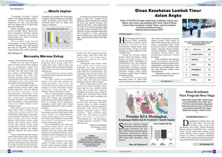 SAMBUNGAN
14 TABLOID INFOKESEDISI JANUARI
VOL I / Th. 1/ 2016
Sementara itu, melihat data kelahiran
hidup di tahun 2015 sejumlah 26.629
kelahiran jumlah kematian Ibu sebanyak
28 kasus dan jumlah kematian bayi
sebanyak 482 kasus. “Jika melihat tahun
2013 dan 2014, terjadi penurunan angka
kematian, dimana kematian tahun 2013
untuk Ibu 35 kasus sedangkan pada tahun
2014 sejumlah 37 kasus, sedangkan
untuk kematian Bayi, bisa dilihat dalam
data,” demikian Hj. Rohkliana, SST,MM.
[Tyas].
hamba Allah SWT yang mau berusaha
merasa cukup, Allah SWT tidak akan
memberikan kita kekurangan,
sebagaiman mafhum dari sabda
RasulullahSAW
“Barangsiapa yang merasa cukup,
m a k a A l l a h a k a n m e m b e r i n y a
kecukupan. Dan siapa yang bersikap
iffah (menjaga kehormatan harga diri),
maka Allah akan memuliakannya. Dan
barangsiapa yang berusaha untuk selalu
sabar, maka Allah akan memberinya
kesabaran. Dan tidaklah seseorang diberi
sesuatu yang lebih baik dan lapang
daripadakesabaran.”(HR.Tirmidzi).
Maka, sampai kapan lagi kita tidak
pernah puas dalam mengejar harta,
kapan lagi kita bisa berusaha merasa
cukup kalau bukan dari sekarang.
Sedangkan lawan dari merasa cukup ini
adalah tamak. Dikatakan bahwa tamak
adalah bibit dari segala kerendahan dan
kehinaan.
Karena jiwa seperti ini selalu resah,
gelisah, susah dan gelap. Dikatakan,
penyakit tamak ini adalah budaknya
nafsu. Abu Bakar al-Waraq mengatakan,
Andaikan sifat tamak itu dapat
ditanyai:”Siapakah ayahmu ?”Pasti
jawabnya: ”Ragu terhadap takdir
Allah”.Dan bila ditanya:”Apakah
p e k e r j a a n m u ? ” J a w a b n y a :
”Merendahkan diri”. Dan bila ditanya:
”Apakah tujuanmu?” Jawabnya: ”Tidak
dapatapa-apa”.
*(Emzet G al-Kautsar)
dari berbagai sumber.
Wallahua'lam
[hidup]?.Naudzubillahimindzalik!.
Dibalik itu, kita mesti mengakui
bahwa masalah yang menimpa siapapun
hari ini sesungguhnya sangat kecil
dibandingkan dengan masalah yang
menimpa Nabi dan Rasul Allah serta
para sahabat radiallahuanhum. Nabi
Ibrahim dibakar Api, Nabi Ayub
diserang penyakit, lautan luas bisa
terbelah ketika Nabi Musa di usir firaun,
sedangkan ujian yang menimpa
RasulullahSAWtidakbisadihitung.
Dari segi pemerintahan ketika kita
mampu berusaha merasa cukup, maka
lihatlah bagaimana Umar bin Khattab
R A d e n g a n s e g e n a p c o n t o h
kesehajaaanya, diantaranya, Umar
masih bisa tidur dibawah rindang kurma
dan sempat pula menggembala
ternaknya meskipun Amirul Mukminin
telah disandangnya. Tetapi hidup beliau
tetap lezat, indah bahkan harum
sepanjangsejarah.
Dari contoh-contoh yang ada, kita
dapat belajar bahwa perasaan merasa
cukup akan datang apabila kita
menjalankan hidup dengan cara Agama
sesuai tuntunan Rasulullah SAW. Dari
potret tersebut, pula harus menjadi
panutan untuk belajar merasa cukup
dengan cara berdo'a merasa cukup.
Karena tidak pernah merasa cukup
menghasilkan banyak permasalahan
yang menimpa siapapun, dari hutang,
hukuman, penyakit dan begitu banyak
lagi.
Intinya, tidak ada kata tidak mampu,
untuk belajar merasa cukup, karena dari
apa yang difirmankan Allah SWT
melalui al-Qur'an tentang kisah-kisah
para Nabi dan Rasulnya, harus membuat
kita belajar berubah menjadi lebih baik.
Selain itu, yang penting disimak adalah
Berusaha Merasa Cukup
Dari Halaman 16
apa yang sering kita nikmati sehari-hari
bagaimana kasih sayang Allah SWT
kepada kita semua. Allah berikan rasa
sakit,Allah berikan obat dan kesembuhan.
Allah berikan rasa haus, Allah karuniakan
nikmatnyaair.
Meraih perasaan merasa cukup,
Rasulullah SAW mengajarkan kita berdo'a
sebagaiberikut.
“Ya Allah, berilah aku kecukupan
dengan rezeki yang halal, sehingga aku
tidak memerlukan yang haram, dan
berilah aku kekayaan dengan karuniamu,
sehingga aku tidak memerlukan bantuan
orang lain, selain diri-Mu.” (HR.
Turmudzi; dinilaisahih olehAl-Albani).
Doa ini mencerminkan bagaimana
semua kita harus berserah diri kepada
Allah SWT dengan cara mengerjakan
perintahnya dan menjauhkan larangannya.
Do'a ini menjadi cermin bagaimana
pentingnya sebuah usaha untuk sebuah
kebahagiaan hidup baik di dunia ataupun
diakhirat.
Karena, walau bagaimanpun juga,
kita sebagai manusia dituntut untuk hidup
mulia, semulia cara mendapatkannya,
mempergunakannya dan membagi
kemuliaan yang didapatkan untuk mereka
yang diberi keterbatasan (Imam
prasetyo.kompasiana.Opini).
Untuk mendapatkan rasa cukup dan
kemuliaan hidup seperti apa yang
diharapkan Imam Prasetyo, dan semua
manusia, maka satu-satunya jalan adalah
dengan cara yang diajarkan dalamAgama.
Sedangkan untuk mendapatkan rasa cukup
tersebut, kita mesti belajar untuk
memeliharahati.
Banyak cara memelihara hati dalam
konteks berusaha merasa cukup salah
satunya adalah dengan berbagi untuk
mereka yang diberi keterbatasan. Bagi
Dari Halaman 9
....Masih Impian
“Kunjungan Neonatal 3 paling
sedikit 3 kali dengan distribusi waktu 1
kali pada 6 – 48 jam, 1 kali pada hari 3
sampai hari ke 7 dan 1 kali pada pada
hari ke-8 sampai hari ke 28 pasca bayi
lahir,”jelasRohkliana.
Belum dicapainya target tersebut,
karena berbagai faktor diantaranya
masih kurangnya informasi kepada
masyarakat tentang pentingnya
pemeriksaan bayi balita termasuk
tumbuhkembangnya.
M a s y a r a k a t j u g a m a s i h
menganggap setelah mendapatkan
imunisasi lengkap, maka tidak penting
lagi pergi ke Posyandu, “Itu persepsi
yang kurang baik untuk keluarga,
disamping itu kepatuhan Ibu dan petugas
kesehatan dalam pelaksanaan kunjungan
rumah masyarakat masih kurang. Kita
berharap tahun 2016 ini target bisa
dicapai,”tandasnya.
ANALISA KEMATIAN ANAK TAHUN 2013 - 2015
Kematian Neo Kematian Bayi Kematian Balita
2013 426 165 42
2014 351 131 34
2015 389 93 35
0
20
40
60
80
100
120
140
160
180
200
220
240
260
280
300
RUBRIK
SIRAMAN ROHANI
Menerima Artikel. Isinya harus
mengandung bacaan inspiratif terkait
Kerohanian Islam dan Kesehatan Jiwa.
Artikel yang dimuat akan
diberikan Reward
3
LAPORAN KHUSUS
EDISI JANUARI
VOL I / Th. 1/ 2016
Ke Halaman 8
ari itu Kepala Seksi Promkes,
HHazrin SKM, mendapat
informasi pertama, karena
p i h a k n y a m e n j a d i k o r b a n
keterlambatan dengan alasan pergi
mengantarkan warga tersebut
langsung ke Kantor Satlantas Polres
LombokTimur.
Warga itu mengira bahwa
Kantor Dinas Kesehatan adalah
t e m p a t m e m b u a t S u r a t I z i n
Mengemudi (SIM). Pengalaman itu
membuktikan luas dan padatnya
p e n d u d u k L o m b o k T i m u r
membutuhkan informasi terutama
Informasi Pelayanan Publik. Semoga
Informasi singkat terkait Dinas
Kesehatan Lombok Timur di Tabloid
inibisabermanfaat.
B e r d a s a r k a n P e r a t u r a n
Pemerintah Nomor 41 Tahun 2007
tentang organisasi perangkat daerah,
Dinas Kesehatan Lombok Timur
dalam Angka
Rabu, (27/01/2015) di Jalan Ahmad Yani, Sandubaya Selong. Saya
dikejar oleh warga yang mengaku dari Lenek. Tepat di Depan
Kantor Dinas Kesehatan Lombok Timur, warga itu meminta
berhenti kemudian bertanya.
“Dimana lokasi membuat SIM?”
lebih khusus berdasarkan peraturan
Bupati Lombok Timur Nomor 24
tahun 2008 tentang tugas pokok dan
fungsi menjelaskan tugas Dinas
Kesehatan adalah melaksanakan
urusan, menyusun rencana strategis,
merumus kebijakan, melaksanakan,
membina, mengevaluasi, dan
melaporkan kegiatan terkait
Kesehatan.
Dinas kesehatan juga bertugas
untuk melakukan pembinaan
terhadap unit pelaksana tekhnis dinas,
melaksanakan penatausahaan Dinas
Kesehatan serta melaksanakan tugas
lain yang diberikan Bupati sesuai
tugasdanfungsi.
Berdasarkan struktur organisasi
yangsudahditetapkanmelalui
LAPSUS, Infokes
NO BIDANG JML
1 SEKRETARIAT 35
2 KESGA 16
3 P2PL 20
4 PROMKES 15
5 YANKES 21
TOTAL 107
DATA JUMLAH PEGAWAI NEGERI SIPIL (PNS)
DINAS KESEHATAN LOMBOK TIMUR
PER DESEMBER 2015
Dinas Kesehatan
Pacu Program Desa Siaga
Tahun 2006 sampai 2009 adalah tahap
awal terbentuknya Desa Siaga. Dari
75.420 desa dan kelurahan yang ada di
Indonesia (saat itu), hanya 42.295 desa
yang sudah membentuk Desa Siaga.
Bagaimana dengan Lombok Timur?
~~~
TABLOID INFOKES
i Kabupaten Lombok Timur, dari
D254 desa, hanya 229 desa dan
kelurahan saja yang sudah
membentuk Desa Siaga. Namun demikian,
Bidang Promosi Kesehatan Kab. Lombok
Timur menilai pelaksanaan tersebut masih
belum berjalan sesuai harapan. Membaca
kondisi itu Dinas kesehatan Kabupaten
Lombok Timur, memacu pelaksanaan program
yangsudahterbuktisukses menggalangperan
SIE PROMKES, Infokes
ke Halaman 14
Prestise KIA Meningkat,
Kunjungan Balita dan K.Neonatal 3 masih Impian
alah satu indikator derajat
Skesehatan masyarakat adalah
angka kematian Ibu dan
Bayi. Menekannya, berbagai upaya
dilakukan, diantaranya adalah
mencapai bahkan melampaui target
SPM yang sudah ditetapkan. Apa
Sajaitu?.
Baca di Halaman 9
DATA KEMATIAN IBU
2013 2014 2015
35 37 25
0
10
20
30
40
50
 