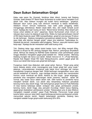 Daun Sukun Selamatkan Ginjal
Kalau saja saran Ny. Kusnadi, familinya tidak diikuti, barang kali Dadang
Subrata, wakil direktur PT Bank Pasar Nusantara itu sudah harus menjalani Cuci
darah rutin. Atau bahkan mungkin dia sudah harus kehilangan ginjalnya.
Rebusan daun sukun yang rutin diminum membuat ia bebas beraktivitas.
Sebelum minum ramuan tradisional, rasa sakit pada pinggang selalu
mengganggu aktivitasnya. Badan cepat lelah, lesu, dan wajah tampak pucat
lusuh. Apalagi jika ingin buang air kecil, "Benar-benar tersiksa. Bisa berjam-jam
hanya untuk setetes air seni," paparnya. Saran Ny.Kusnadi untuk minum air
rebusan daun sukun itu datang di saat kritis. Waktu itu hasil pemeriksaan intensif
di RS Gatot Soebroto awal 1999 memperlihatkan, ginjal kiri pria berusia 70 tahun
itu tak berfungsi. Dadang mengetahui penyakitnya setelah kronis. "Sebelumnya
saya tidak ada keluhan dengan ginjal," papar pria kelahiran Tasikmalaya itu.
Sesekali dia pernah merasakan sakit pinggang. "Namun, saya pikir karena capai
kerja saja." Apalagi dia tak merasakan sakit saat buang urine.

Toh, Dadang tetap ragu sebab bobot badan turun, dari 80kg menjadi 60kg.
Semula ia dirujuk ke RS Jantung Harapan Kita. Namun, jantungnya dinyatakan
sehat. Akhirya dia datang ke RSPAD Gatot Soebroto untuk pemeriksaan ginjal
hingga diketahui mengalami gagal ginjal sebelah kiri. Akibat prostat. Memang
Dadang mungkin tak harus cuci darah. Sebab menurut dr. H. J.Pudji Rahardjo,
Kepala Sub Bagian Ginjal RS Cipto Mangunkusumo, pasien gagal ginjal tak
harus cuci darah bila hanya satu ginjal tak berfungsi.

Fungsinya masih bisa dilakukan oleh ginjal sehat. Namun, "Ginjal yang sehat
harus bekerja ekstra untuk menanggung pula fungsi ginjal lain yang rusak,"
jelasnya. Lama-kelamaan kinerjanya juga bakal turun sehingga tak mampu
menjalankan fungsinya dengan baik. Ginjal berfungsi mengeluarkan racun atau
zat-zat berlebihan di darah.la juga menjaga tekanan darah dan memproduksi
hormon untuk membuat sel darah. Karena itu bila fungsi ginjal terganggu,
penderita bisa mengalami kekurangan darah (anemia), tekanan darah tak
normal, atau kadar racun dalam darah naik. Oleh karena itu penderita harus
menjalani tambah darah, cuci darah atau berpantang makanan penyebab
kencing manis atau darah tinggi. Tak berfungsinya ginjal menurut Pudji Rahardjo
ini bisa karena beberapa sebab: endapan batu ginjal, pembesaran prostat,
kencing manis, darah tinggi, atau penyakit imunologi. Dalam kasus Dadang,
gagal ginjal disebabkan pembesaran prostat. "Kebanyakan pria di atas 60tahun
mengalami masalah prostat," papar Pudji Rahardjo. Penurunan fungsi ginjal
karena faktor usia pun akan lebih cepat berlangsung karena pembesaran prostat
menyumbat saluran kemih. Seperti kebanyakan penderita, Dadang baru
mengeluh setelah fungsi ginjal sudah berkurang 25%-30%.




Info Kesehatan 28 Maret 2007                                                   38
 
