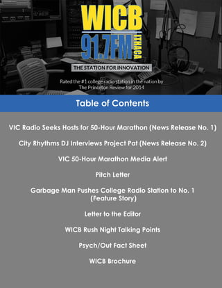 Table of Contents
VIC Radio Seeks Hosts for 50-­Hour Marathon (News Release No. 1)
City Rhythms DJ Interviews Project Pat (News Release No. 2)
VIC 50-­Hour Marathon Media Alert
Pitch Letter
Garbage Man Pushes College Radio Station to No. 1
(Feature Story)(Feature Story)
Letter to the Editor
WICB Rush Night Talking Points
Psych/Out Fact Sheet
WICB Brochure
 