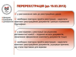 ПЕРЕРЕЄСТРАЦІЯ (до 19.03.2012)

              ууразі внесення змін до реєстраційних даних
              разі внесення змін до реєстраційних даних

ЗОВНІШНЄ
НЕЗАЛЕЖНЕ     необхідно повторно пройти реєстрацію --надіслати
               необхідно повторно пройти реєстрацію надіслати
ОЦІНЮВАННЯ   комплект реєстраційних документів і іраніше отриманий
              комплект реєстраційних документів раніше отриманий
              Сертифікат.
             Сертифікат.


              ууразі відмови ууреєстрації (за рішенням
               разі відмови реєстрації (за рішенням
              регламентної комісії – подання не всіх документів,
             регламентної комісії – подання не всіх документів,
              неналежне оформлення комплекту документів тощо)
             неналежне оформлення комплекту документів тощо)

              необхідно повторно пройти реєстрацію --надіслати
               необхідно повторно пройти реєстрацію надіслати
              комплект реєстраційних документів, усунувши причини,
             комплект реєстраційних документів, усунувши причини,
              що стали підставою для відмови
             що стали підставою для відмови
 