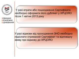 У разі втрати або пошкодження Сертифіката
              У разі втрати або пошкодження Сертифіката
             необхідно оформити його дублікат у ХРЦОЯО
             необхідно оформити його дублікат у ХРЦОЯО
             після 1 квітня 2013 року
             після 1 квітня 2013 року
ЗОВНІШНЄ
НЕЗАЛЕЖНЕ
ОЦІНЮВАННЯ




              У разі відмови від проходження ЗНО необхідно
             У разі відмови від проходження ЗНО необхідно
              надіслати отриманий Сертифікат та відповідну
             надіслати отриманий Сертифікат та відповідну
              заяву про відмову до ХРЦОЯО
             заяву про відмову до ХРЦОЯО
 