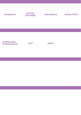 ATELIER
 ÉVÈNEMENT     PRATIQUE   CONFÉRENCE   SIMULATION




EXPOSITION/
SCÉNOGRAPHIE     LIEU       DÉBAT
 