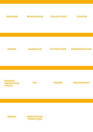DESIGNER    DÉVELOPPEUR   COLLECTIVITÉ      CITOYEN




  PRESSE     ANIMATEUR     STATISTICIEN   ADMINISTRATION




MISSION
DÉMOCRATIE       ÉLU         MAIRIE        DÉPARTEMENT
LOCALE




  RÉGION     ASSOCIATION
             ASSOCIATION
             THÉMATIQUE
 