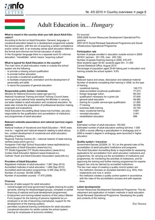 Nr. 4/5 2010 n Country overviews n page 8



                                Adult Education in... Hungary
What is meant in the country when you talk about Adult Edu-            EU sources:
cation?                                                                2005-2008 Human Resources Development Operational Pro-
According to the Act on Adult Education: General, language or          gramme
vocational education based on a development programme outside          2007-2010 Social Renewal Operational Programme and Social
the school system, with the aim of acquiring a certain competence      Infrastructure Operational Programme
and/or certain skill. In an everyday sense adult education refers to
the formal and informal non-formal education of adults.                Participation rate
In the Hungarian language there is a separate word for informal        Number of people enrolled in education outside school in 2009:
education: “művelődés”, which means “acquiring culture”.               491831 (women: 251.705, men: 240.126)
                                                                       Number of people finishing training in 2009: 470.475
What is typical for Adult Education in the country?                    Most students aged 30-40; students aged 55+: 31.000
The main aims of adult education inside or outside the school          Central Statistical Office, August 2010:
system are the following:                                              Percentage of population aged 25-64 taking part in education and
- 	 to provide a missing school qualification                          training outside the school system: 9.9%
- 	 to provide further education
- 	 to provide a vocational qualification                              Topics
- 	 to facilitate employment, orientation and the development of       Relevant topics and areas, description and statistical material	
    personality and skills                                             Number of students completing their training in 2009, by the type
- 	 to serve the purposes of general education                         of training:
                                                                       - 	 vocational training				                             148.773
Responsible public bodies / ministries                                 - 	 state-accredited vocational qualification		         77.573
Ministry for National Economy (www.ngm.gov.hu)                         - 	 foreign language tuition				                        66.244
National Vocational Training and Adult Training Council (www.          - 	 qualification necessary for a given job		           57.609
szmm.gov.hu)a national body assisting the Minister in carrying         - 	 general adult education				                         48.985
out tasks related to adult education and vocational education. Its     - 	 training for a public service-type qualification	   21.895
tasks also include the preparation of professional decision making,    - 	 IT training 					                                   20.836
proposals and evaluations                                              - 	 business skills training                   		       20.749
Adult Education Accrediting Body (www.nive.hu/index_sec.php -          - 	 basic vocational training             		            4.661
responsible for the qualification and accreditation of institutions    - 	 remedial education                            		    2.461
and programmes of adult education                                      - 	 rehabilitation education                      		    689

Relevant umbrella associations and national (service) organi-          Staff
sations                                                                Estimated number of adult educators: 100.000
National Institute of Vocational and Adult Education – NIVE www.       Estimated number of adult educators working full time: 1.000
nive.hu – regional and national research relating to adult educa-      In 2006 a course offering a specialisation in andragogy and in
tion, content development of vocational and adult education,           2009 a master’s degree in andragogy were launched in higher
handling of tenders                                                    education
Regional Training Centres (9) – national network of state training
centres (www.szmm.gov.hu)                                              Quality system / insurance
Hungarian Folk High School Association (www.nepfoiskola.hu)            Government Decree 22/2004. (II. 16.) on the general rules of the
Association of Adult Educators (www.fvsz.hu)                           accreditation of adult education institutions and programs.
TIT Stúdió Egyesület (TIT Studio Association) (www.tit.hu)             The Adult Education Accrediting Body is responsible for assessing
Civilian Adult Education Network (www.fchalozat.hu)                    applications for accreditation from adult education institutions and
Catholic Youth and Adult Education Association (www.kife.hu)           programmes, for carrying out the accreditation of institutions and
                                                                       programmes, for monitoring the activities of institutions, and for
Providers of Adult Education                                           approving the training and further training programmes for experts.
Registered institutes of adult education: 7.987 (Sep 2010)             Support can only be claimed by accredited institutions.
Accredited institutes of adult education: 1.469 (Sep 2010)             The two main ways of creating a quality control system are:
Accredited adult education programmes: 6.365 (Sep 2010)                - 	 the institution chooses an accepted standard (e.g. ISO), then
Number of courses: 39.406 (2009)                                           implements and runs it, and/or
Number of accredited courses: 17.470 (2009)                            - 	 the institution creates a quality control system in accordance
                                                                           with the rules of the accreditation process and with expecta-
Finances                                                                   tions.
Sources of state support for adult education:
- 	 central budget and local government budgets (training for public   Latest developments
    servants, training for disadvantaged groups, complete or partial   Human Resources Development Operational Programme: The de-
    financing of national and local development programmes)            velopment and application of modern methods in adult education
- 	 Employment and training-related sections of the Labour Market      Social Renewal Operational Programme: Developing the quality
    Fund (support for the training of persons registered as un-        and contents of the training
    employed or at risk of becoming unemployed, support for the
    development of the training system)                                                                                      Éva Tánczos
- 	 permitted vocational training contributions for adult education
    (vocational education for adults outside the school system,
    training for employees of economic entities).
 