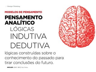 23 Design Thinking

modelos de pensamento

pensamento
analítico
lógicas

indutiva
dedutiva
lógicas construídas sobre o
conhecimento do passado para
tirar conclusões do futuro.
INFOLIDE • | SP | BR | Fabio Silveira

 