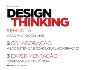 34 Design Thinking

design
thinking
1 empatia
visão multidisciplinar

2 colaboração
visão sistêmica e contextual (co-criação)

3 experimentação
criatividade e inferência
INFOLIDE • | SP | BR | Fabio Silveira

 