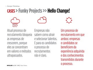 52 Design Thinking

Cases > Funky Projects >> Hello Change!

ç
Atual processo de
recrutamento bloqueia
as empresas de
crescerem, porque
eles se concentram
em valores e métodos
ultrapassados.
INFOLIDE • | SP | BR | Fabio Silveira

Empresas não
sabem como atrair
e selecionar talentos.
E para os candidatos
o processo de
recrutamentos
não é claro.

Um processo de
recrutamento em que
ambos: empresas
e candidatos se
beneficiem da
experiência adquirida
e dos conhecimentos
transmitidos durante
o processo.

 