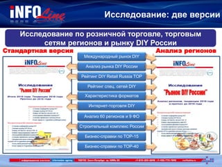 Исследование: две версии
Исследование по розничной торговле, торговым
сетям регионов и рынку DIY России
Стандартная версия Анализ регионов
Международный рынок DIY
Анализ рынка DIY России
Рейтинг DIY Retail Russia TOP
Рейтинг спец. cетей DIY
Характеристика форматов
Интернет-торговля DIY
Анализ 60 регионов и 9 ФО
Строительный комплекс России
Бизнес-справки по TOP-15
Бизнес-справки по TOP-40
 