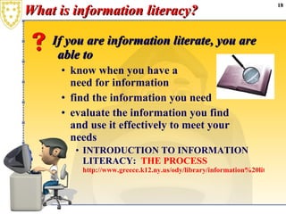 What is information literacy?  If you are information literate, you are able to  know when you have a  need for information  find the information you need  evaluate the information you find and use it effectively to meet your  needs INTRODUCTION TO INFORMATION  LITERACY:  THE PROCESS http://www.greece.k12.ny.us/ody/library/information%20literacy.htm 