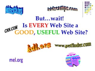 But…wait!  Is  EVERY  Web Site a  GOOD ,  USEFUL  Web Site? cnn.com kidsclick.org www.petfinder.com mel.org kidscamps.com kdl.org 