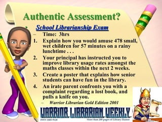 Conversations:formal and informal conferences, logs to record thoughts and feelings about the content and process, and notes and letters to self-assess and seek feedback. From Working Smarter: Being Strategic About Assessment and Accountability by Violet H. Harada, based on Ann Davies, Making Classroom Assessment WorkTypes of authentic assessment