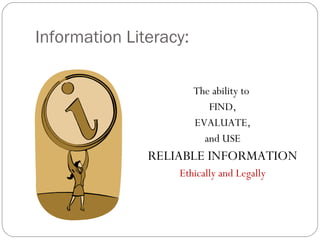 Information Literacy: The ability to  FIND, EVALUATE, and USE RELIABLE INFORMATION Ethically and Legally 